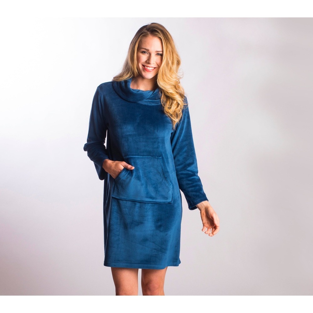 Softies‎ by Paddi Murphy Teal Blue Plush Velour Cowl Neck Lounge Dress Size S/M